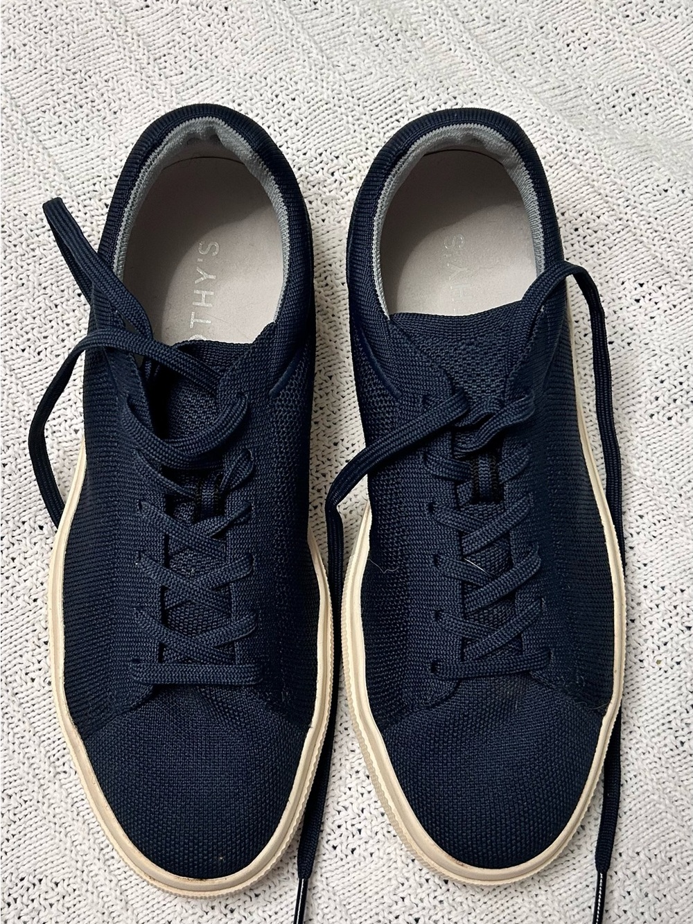Rothy's Navy Knit Lace-Up Sneakers with Cream Trim